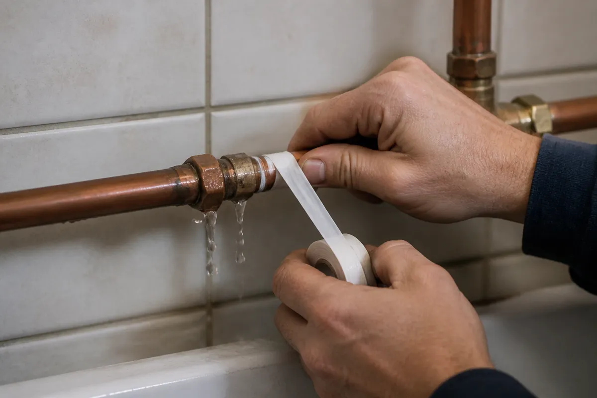 Detalle de una fuga de agua en una junta de cobre durante la reparación en Cartagena