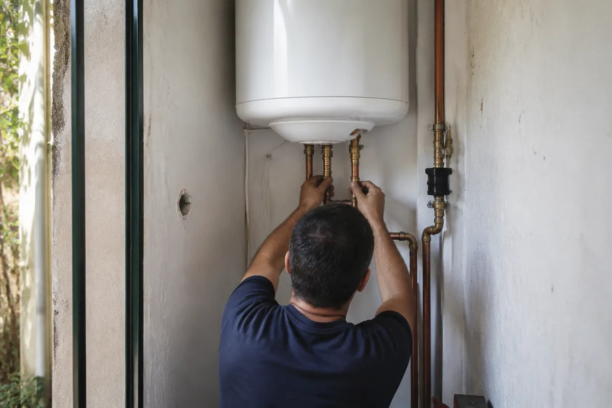Fontanero instalando un termo y sus tuberías en una vivienda de Cartagena